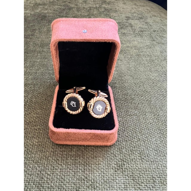 Late 20th Century Rare Gold Plated & Onyx Vintage Art Deco Christian Dior Cufflinks In Lux Case For Sale - Image 5 of 9