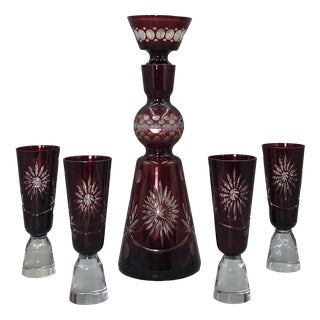 20th Century Bohemia Carafe with Cut Ruby ​​Cased Glasses from Unbekannt, 1920s, Set of 5 For Sale