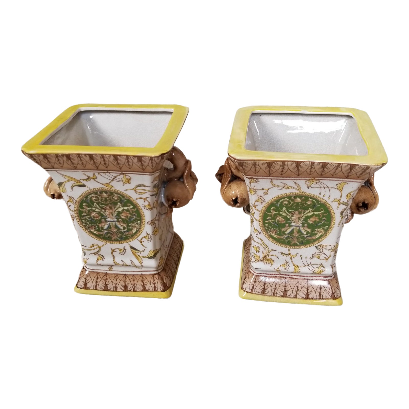 Yellow and Brown Cache Pots - a Pair | Chairish