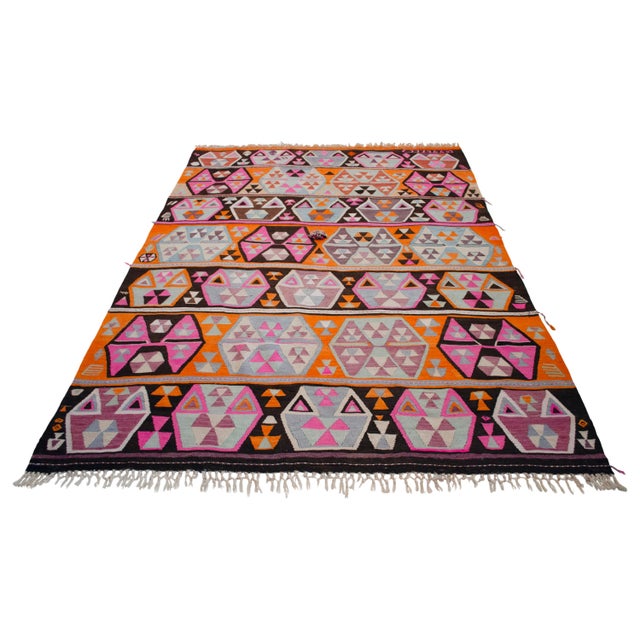 1960s Vibrant Turkish Kilim Rug, 1966 Dated Vintage Tribal Rug, Pink and Orange Geometric Flatweave 6x8 Ft Approx For Sale - Image 5 of 18