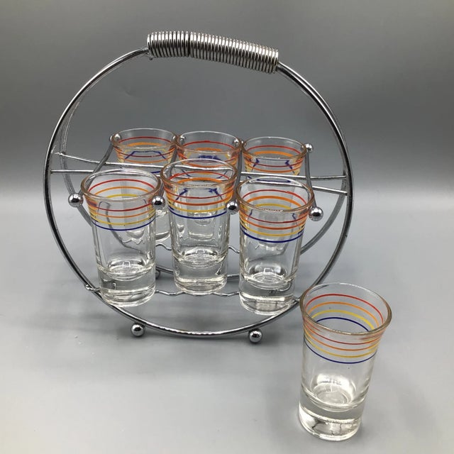 7 Striped Shot Glasses in Chrome Plated Caddy - Set of 8 For Sale - Image 13 of 13