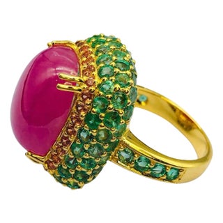 Bochic “Orient” Natural Emerald & Ruby Cocktail Ring Set In 18K Gold & Silver For Sale