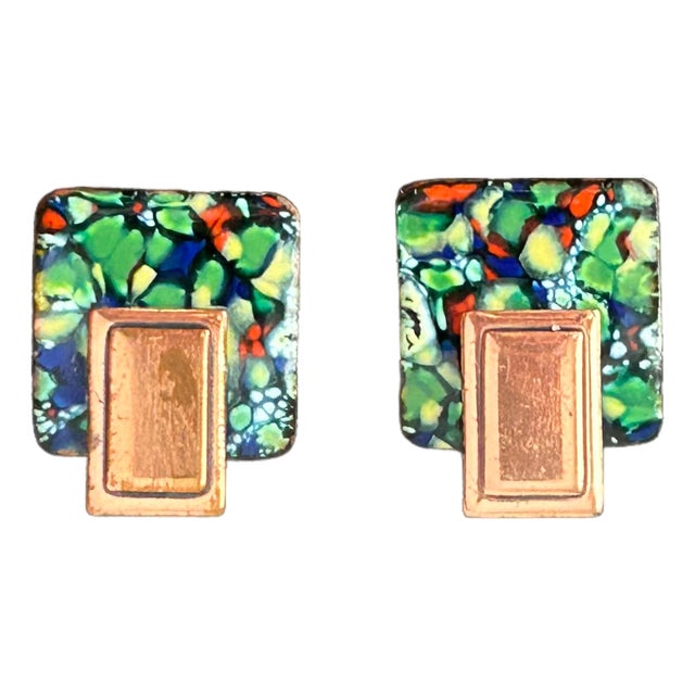 Vintage Matisse by Renoir Confetti Enamel Copper Clip-on Earrings | Mid-Century Modern Abstract Jewelry | 1950s Wearable Art, A Pair For Sale