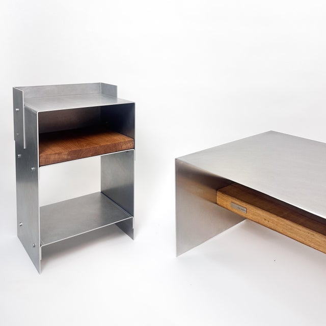 Contemporary Matted Aluminium and Oak Wood Side Table by case studios For Sale - Image 3 of 12