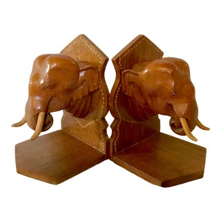 Carved Wooden Elephant Bookends For Sale