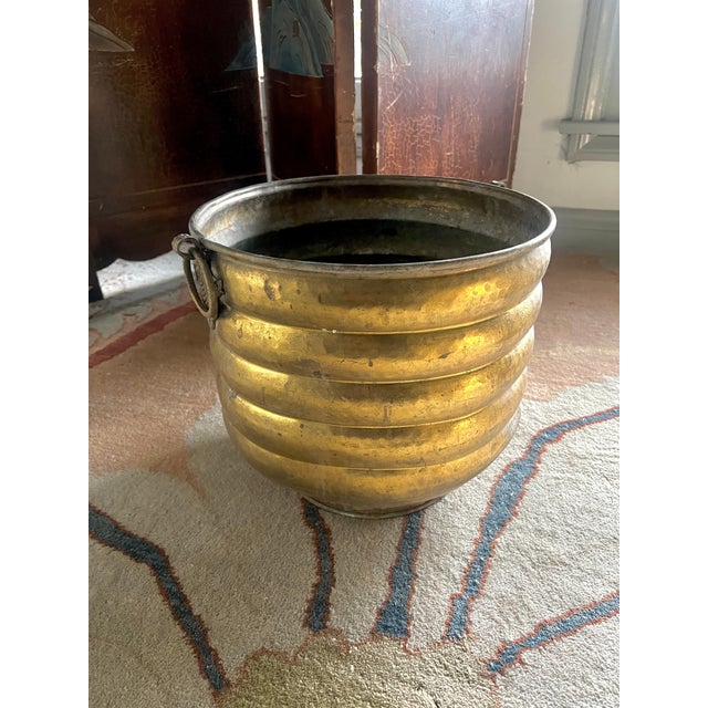 Rustic Solid Brass Ribbed Jardiniere Planter with Decorative Ring Handles For Sale - Image 3 of 12