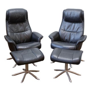 Pair Img Comfort Norwegian Leather Swivel and Reclining Lounge Chairs With Ottomans, Mid-20th Century For Sale