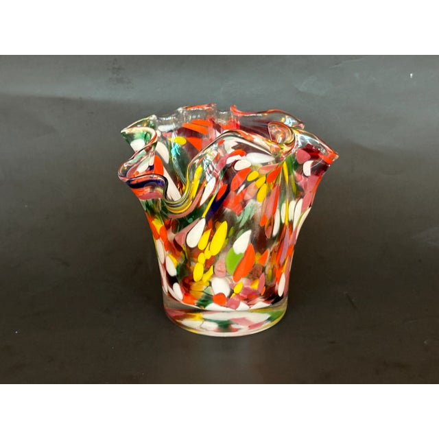 With its amazing multi-color tutti fruitti confetti glass work and ruffled rim, this vintage 1960s Murano Italian art...