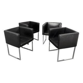 Cubica Armchairs in Black Leather by Tito Agnoli for Zanotta, Italy, 2010s, Set of 4 For Sale