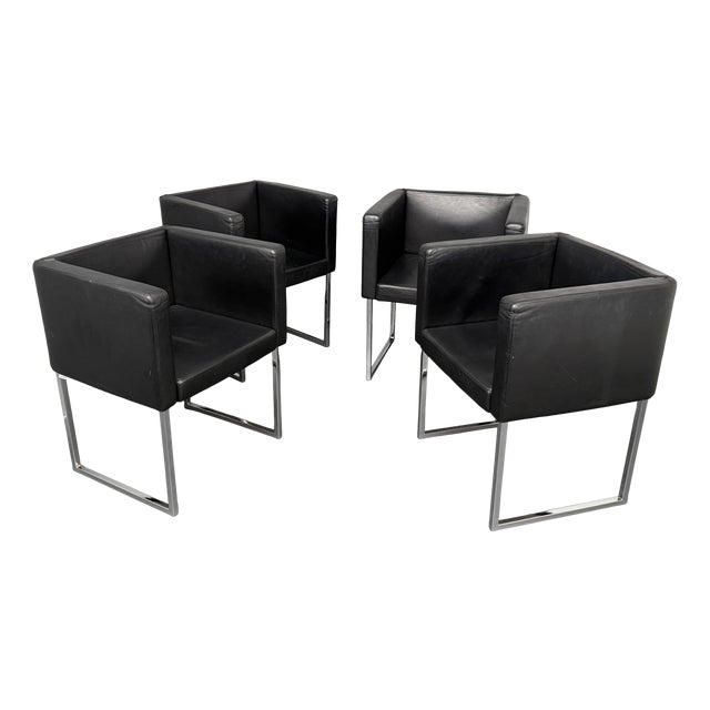 Cubica Armchairs in Black Leather by Tito Agnoli for Zanotta, Italy, 2010s, Set of 4 For Sale
