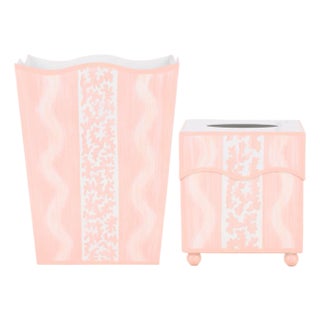 Pink Ikat Tole Waste Basket & Tissue Box Set For Sale
