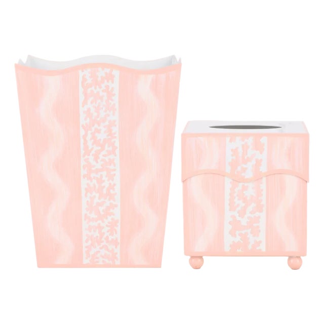 Pink Ikat Tole Waste Basket & Tissue Box Set For Sale