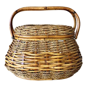 Mid 20th-Century Fabulously-Sized Rattan & Bamboo Sewing Basket With Folding Handles