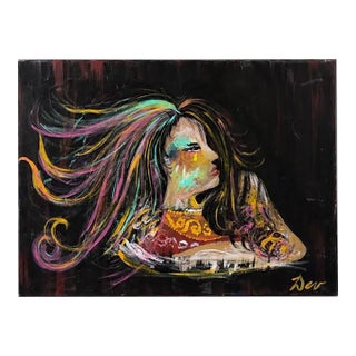 Expressive Female Portrait Canvas Art With Colorful Flowing Hair, 24” X 18” For Sale