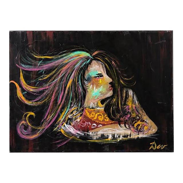Expressive Female Portrait Canvas Art With Colorful Flowing Hair, 24” X 18” For Sale