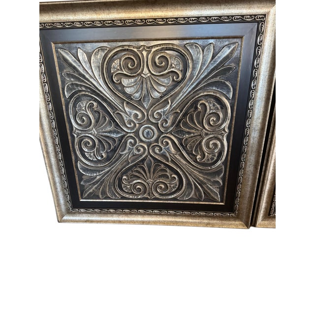 Early 21st Century Set of 3 Oversized 33” Black & Antique Gold Architectural Relief Wall Panels For Sale - Image 5 of 11