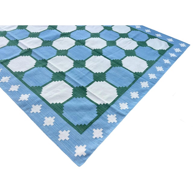 Casa Cosima Handmade Cotton Area Rug, Vegetable Dyed Sky Blue, Cream and Green Swedish Tile Dhurrie-4'x6' For Sale - Image 4 of 13