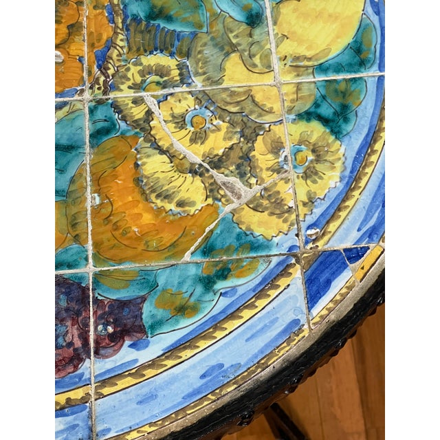 Metal Italian Hand-Painted Ceramic Tile Top Bistro, Side Table With Wrought Iron Base, 1950s For Sale - Image 7 of 15