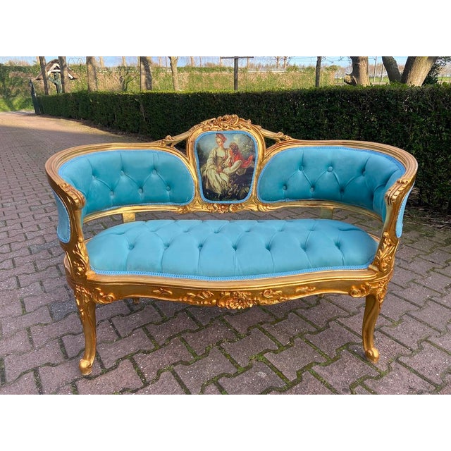 1970 French Louis XVI Gold Beech Velvet Settee - 1 Pc For Sale - Image 15 of 15