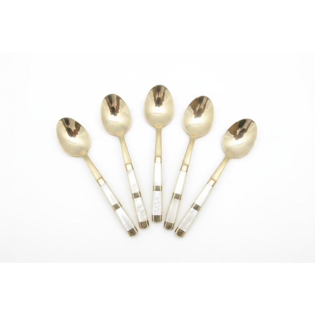 Mother of Pearl & Brass Thailand Flatware Small Spoon Fork & Knife Set of 15 For Sale - Image 4 of 9
