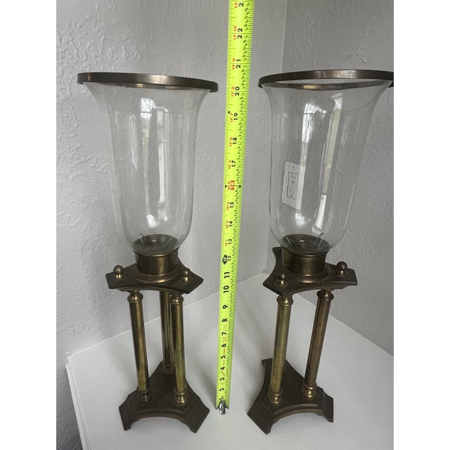 Art Nouveau Vintage Brass Hurricane Candle Holders Pair Architectural Glass Lanterns For Sale - Image 3 of 6