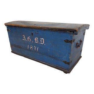 Antique Blue Painted Wooden Chest Dated 1871 For Sale