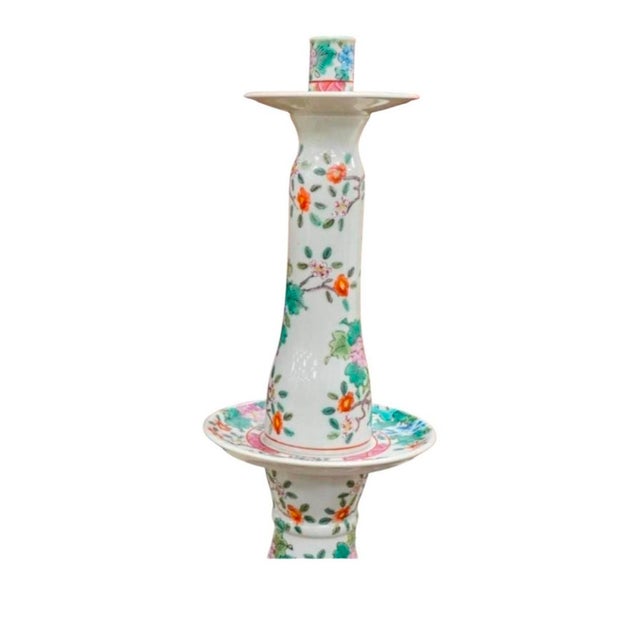 Chinese Pair of 24 Inches Chinese Famille Rose Porcelain Candlesticks For Sale - Image 3 of 5