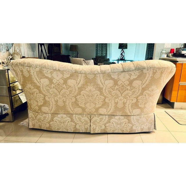 Shabby Chic English Tufted Roll Arm Cream Damask Sofa With Three Down Filled, Removable, Reversible Cushions in Perfect Condition- Final Discounted Price! For Sale - Image 3 of 11