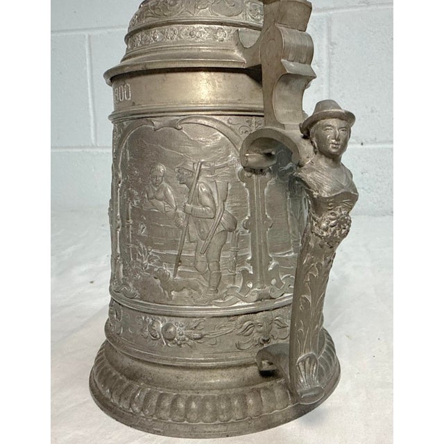 Figurative Antique Ornate 1900 Figural German Pewter Lidded Engraved Relief Beer Stein Mug For Sale - Image 3 of 15