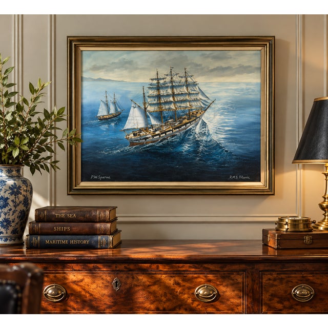 This striking oil on canvas depicts the famed barque Archibald Russell under full sail, cutting confidently through open...