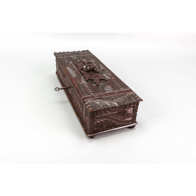 Antique Swiss Black Forest Dark Brown Carved Wood Glove Box, Ca. 1900s For Sale - Image 10 of 18