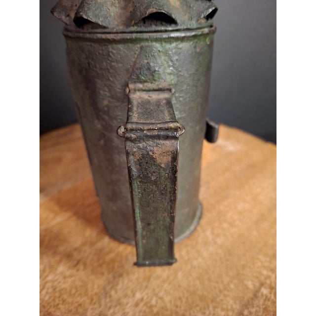 Metal Antique Tin Bullseye Candle Lantern Crimped Top Green Painted Belt Lamp For Sale - Image 7 of 18