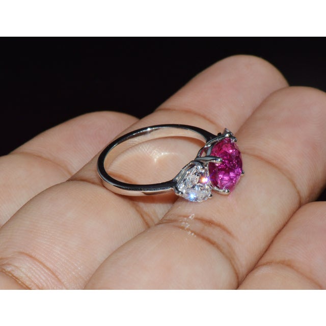 Late 20th Century Gia 4.47Cts No-Heat Mozambique Ruby & D Vvs2 Heart Diamond Platinum Three Stone Ring, Size 6 For Sale - Image 9 of 18
