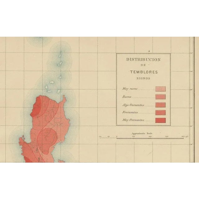 This striking chromolithograph titled “distribución de los temblores” (distribution of earthquakes) was created in 1899...