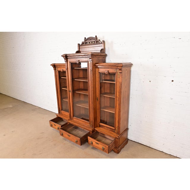Late 19th Century Herter Brothers Style Antique Eastlake Victorian Carved Oak Triple Bookcase Cabinet, Circa 1880s For Sale - Image 5 of 12