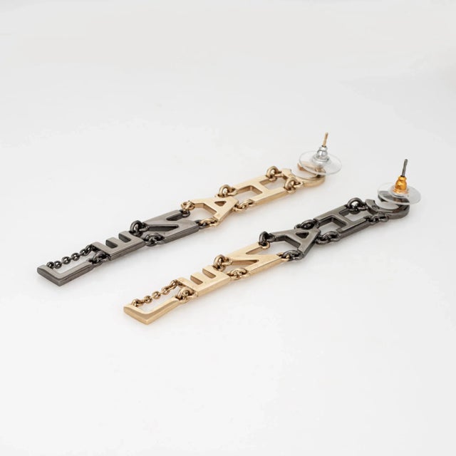 Chanel 2020 Chanel Logo Long Earrings 3.5" Crystal Faux Pearl Yellow Black Gold Tone - 2 Pieces For Sale - Image 4 of 4