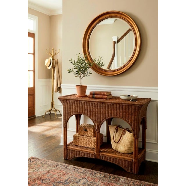Traditional Vintage Arched Wicker Coastal Regency Console Table For Sale - Image 3 of 7