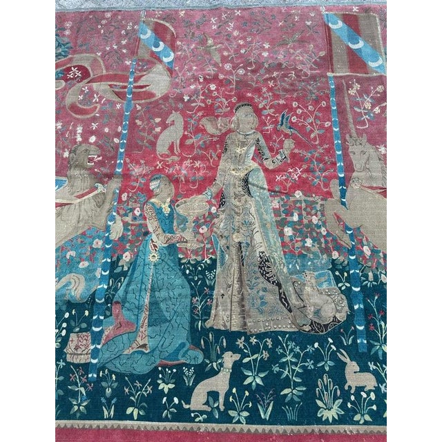 Antique French Screen Printed Tapestry Lady and Licorn, 1950s For Sale - Image 3 of 18