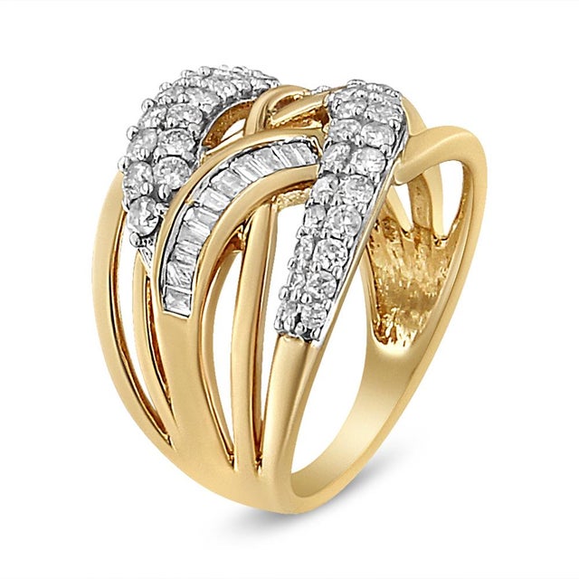 Contemporary 10K Yellow and White Gold 1.0 Cttw Round and Baguette-Cut Diamond Multirow Interwoven Cocktail Ring (I-J Color, I2-I3 Quality) - Size 8 For Sale - Image 3 of 6