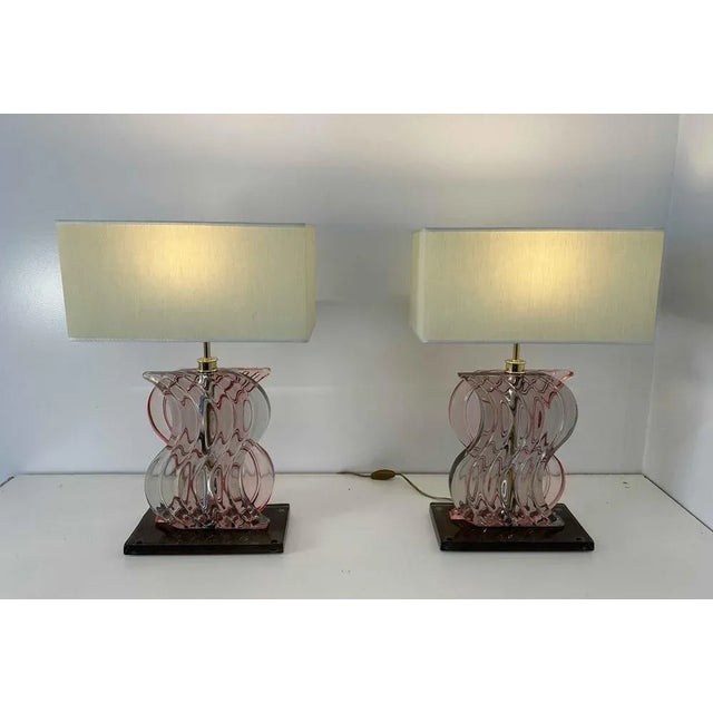 Art Deco Style Pink Murano Glass Table Lamps, 2000s, Set of 2 For Sale - Image 7 of 13