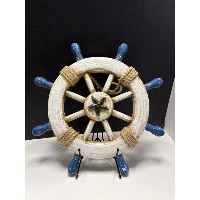 Nautical Ship Wheel Wall Decor With Starfish, Coastal Beach House Hanging, Blue White Maritime Decor For Sale - Image 4 of 9