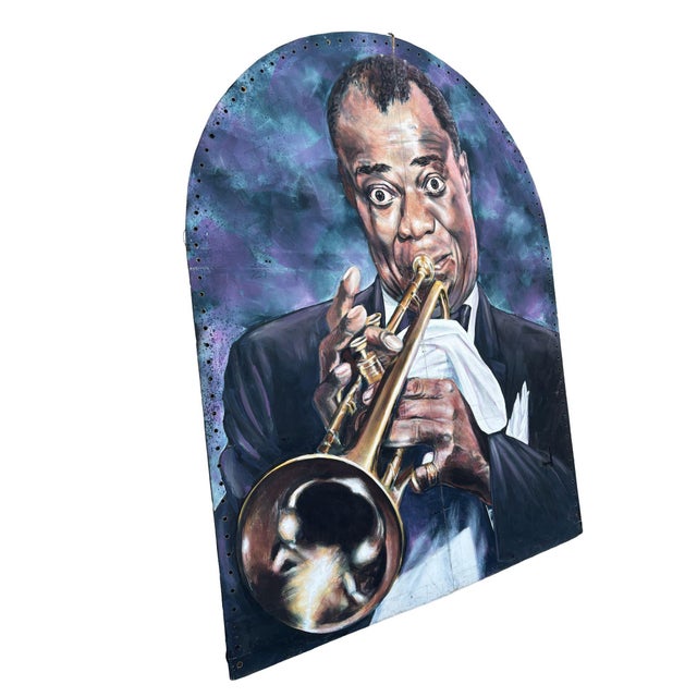 Modern 10' Foot Tall Oil on Canvas Portrait of Louis Armstrong Folding Screen 1980, Signed Kenmarek For Sale - Image 3 of 4