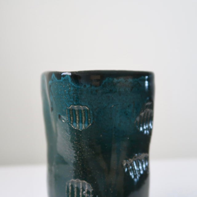 Handbuilt Organic Sculptural Pinched Square Rim Ceramic Vase in Dark Teal Glaze With Ribbed Relief Pattern For Sale - Image 13 of 18