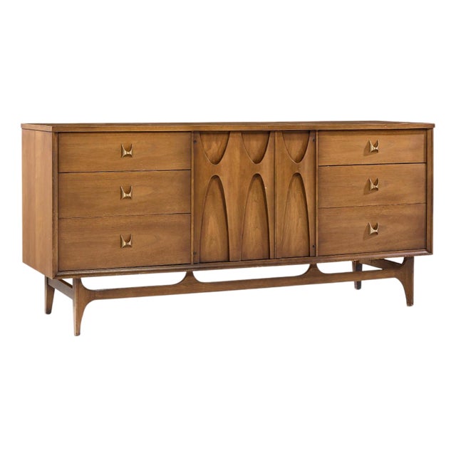 Broyhill Brasilia Mid Century Walnut and Brass Lowboy Dresser For Sale