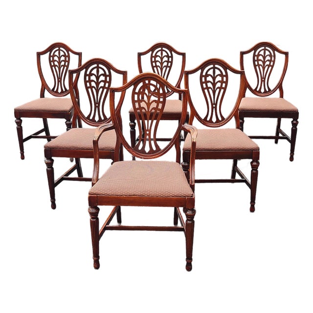 Mid 20th Century Vintage Hepplewhite Style Carved Shield Back Dining Chairs - Set of 6 For Sale