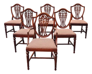 Mid 20th Century Vintage Hepplewhite Style Carved Shield Back Dining Chairs - Set of 6