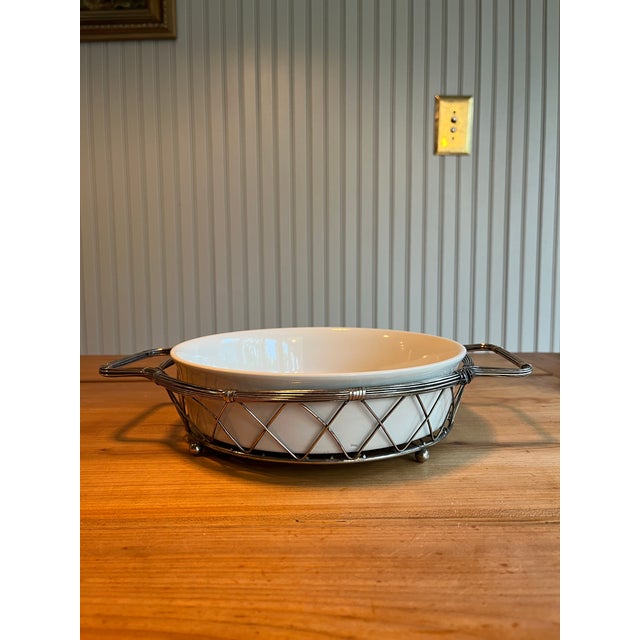 Silver 1970s International Silver Co. Silverplated Wire Basket With 1.25 Qt Round Stoneware Baking Dish For Sale - Image 8 of 8