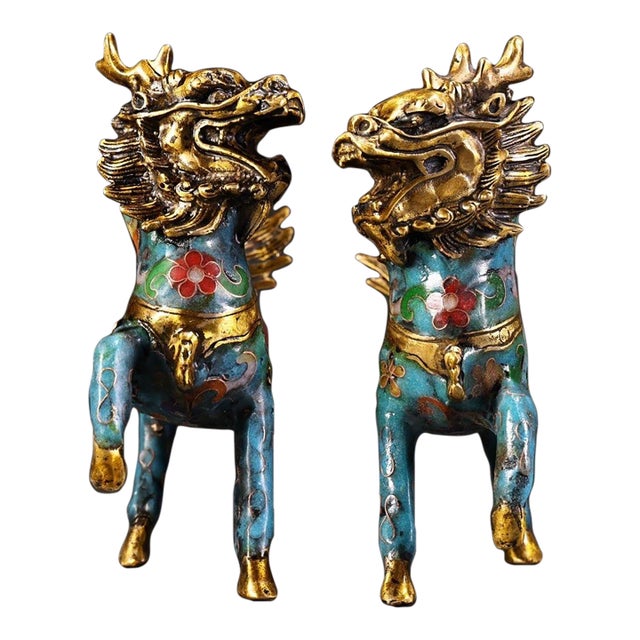 Mid 20th Century Pair of Gilt Cloisonne Enamel Qilin Figures – 5.1" Mythical Beast Statues For Sale