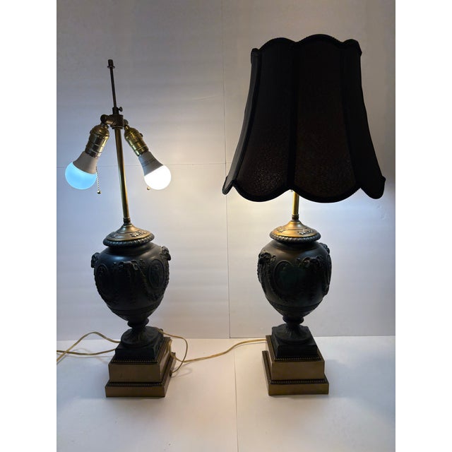 Josiah Wedgwood 18th Century Monumental Wedgwood Black Basalt Urn Table Lamps - A Pair For Sale - Image 4 of 10
