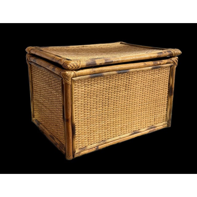 Lovely vintage tortoiseshell bamboo and woven rattan storage box with a hinged lid. Perfect for a shelf, dresser or...